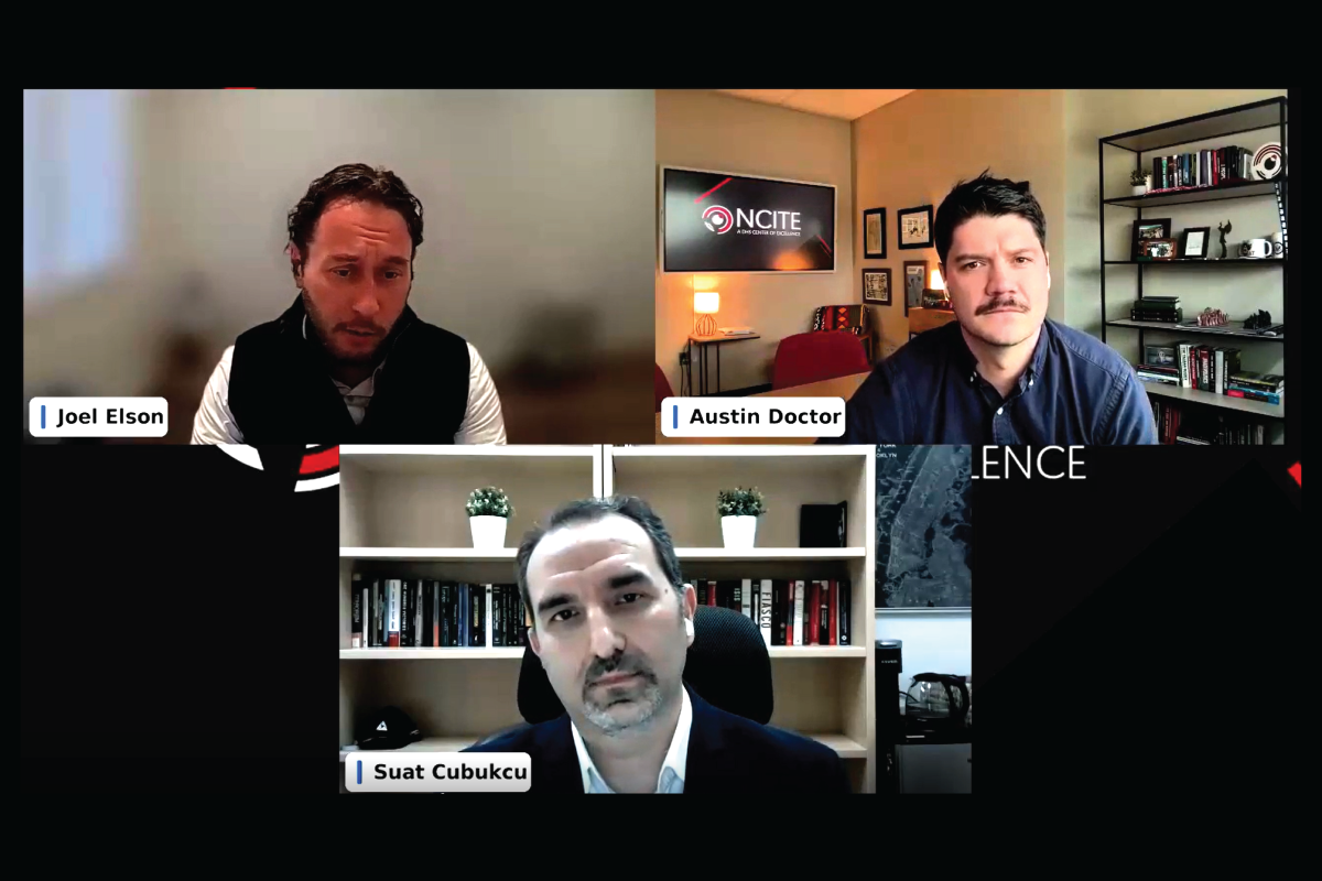 The three panelists appear on Zoom in gallery view, with Joel Elson in the upper left, Austin Doctor to his right, and Suat Cubukcu in the middle. 