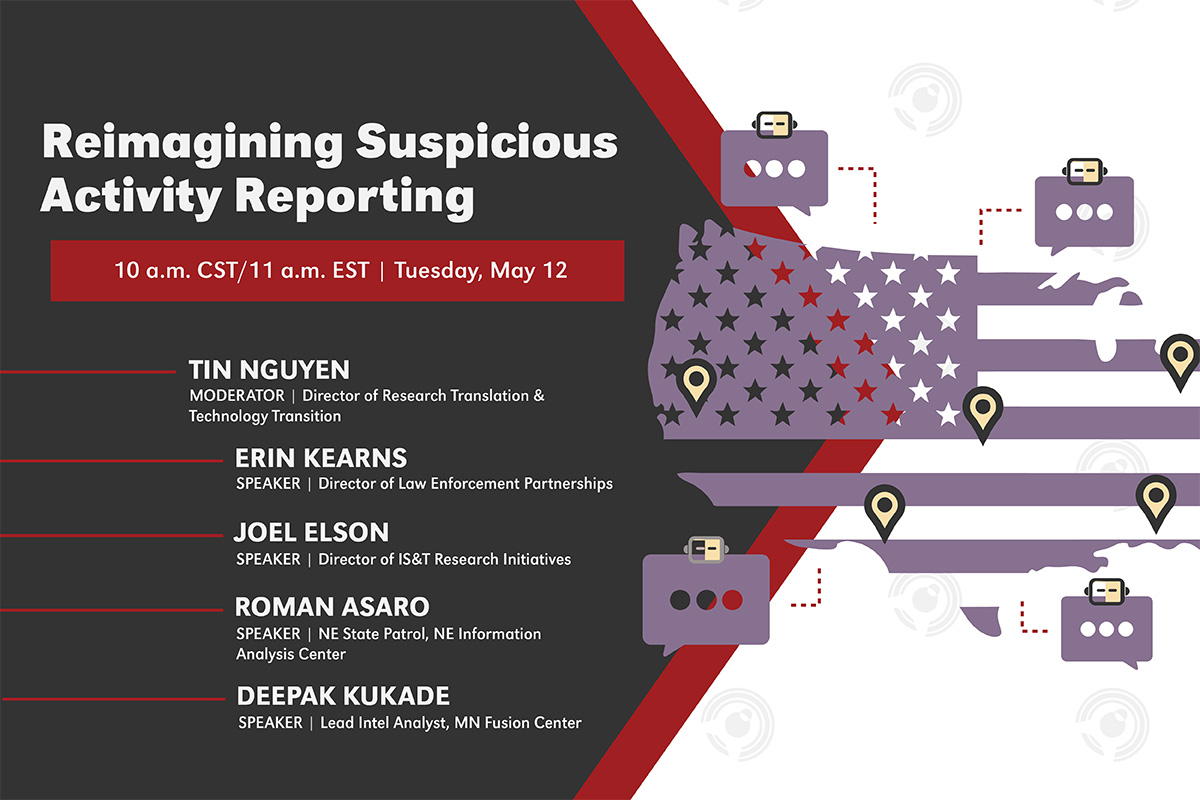 A promotional webinar flyer titled “Reimagining Suspicious Activity Reporting.” The graphic features a stylized map of the United States with chat icons and location pins connected by dotted lines. The flyer names the moderator and speakers: Tin Nguyen, Erin Kearns, Joel Elson, Roman Asaro, and Deepak Kukade, along with their professional titles and affiliations. 