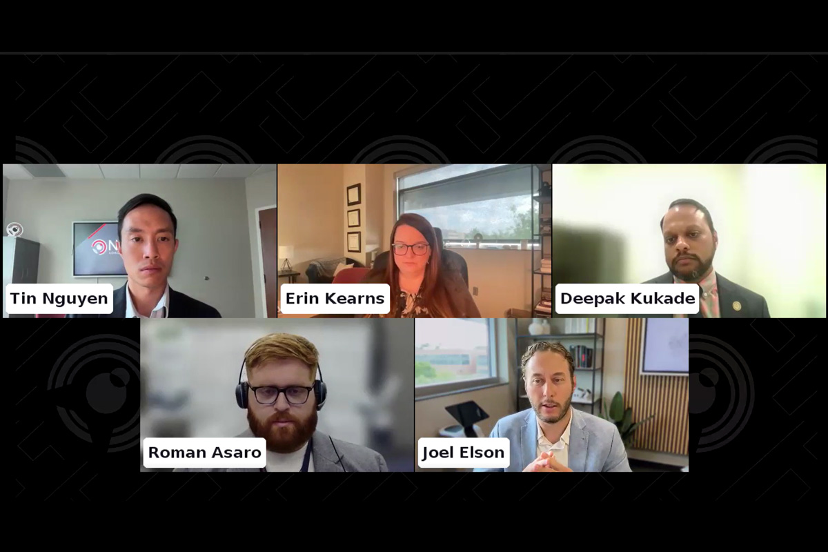 A screenshot from a virtual panel discussion featuring five speakers in a video conference layout against a dark patterned background. The participants are labeled as Tin Nguyen, Erin Kearns, Deepak Kukade, Roman Asaro, and Joel Elson. Most are dressed in business attire and appear in office or home-office settings. Tin Nguyen appears in the top left, Erin Kearns in the center top, and Deepak Kukade in the top right. Roman Asaro and Joel Elson appear along the bottom row.