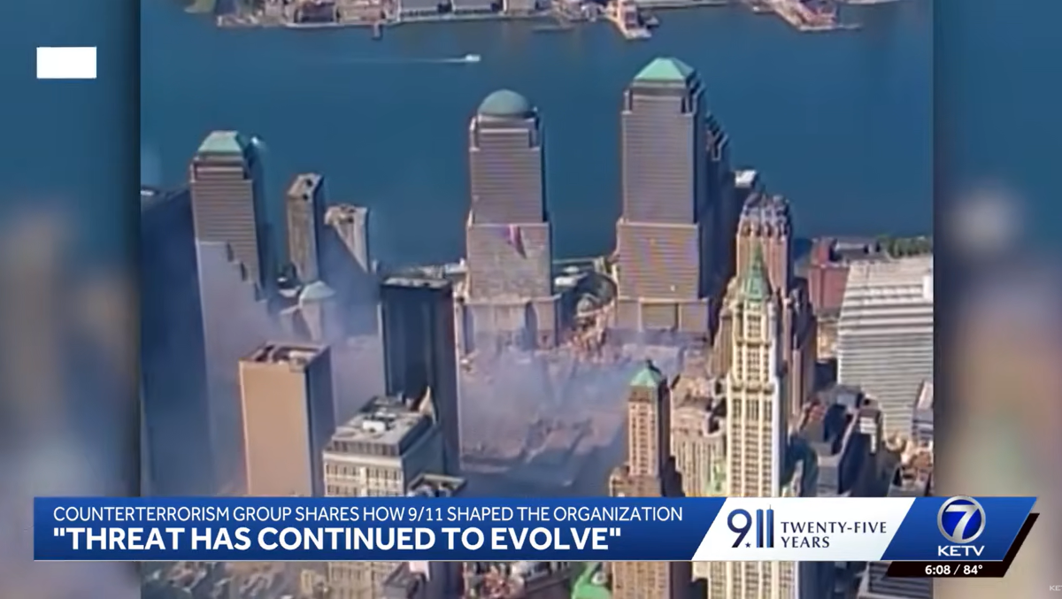 A still photo from a KETV news package about NCITE researching counterterrorism 25 years after 9/11. 