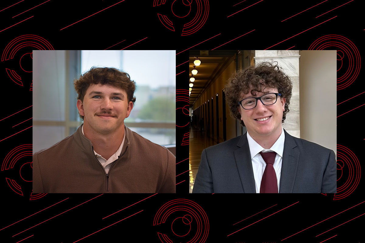 Side-by-side portraits of two young men. The man on the left wears a brown quarter-zip sweater, while the man on the right wears glasses, a dark suit, and a burgundy tie. The photos appear against a black background with red geometric patterns.