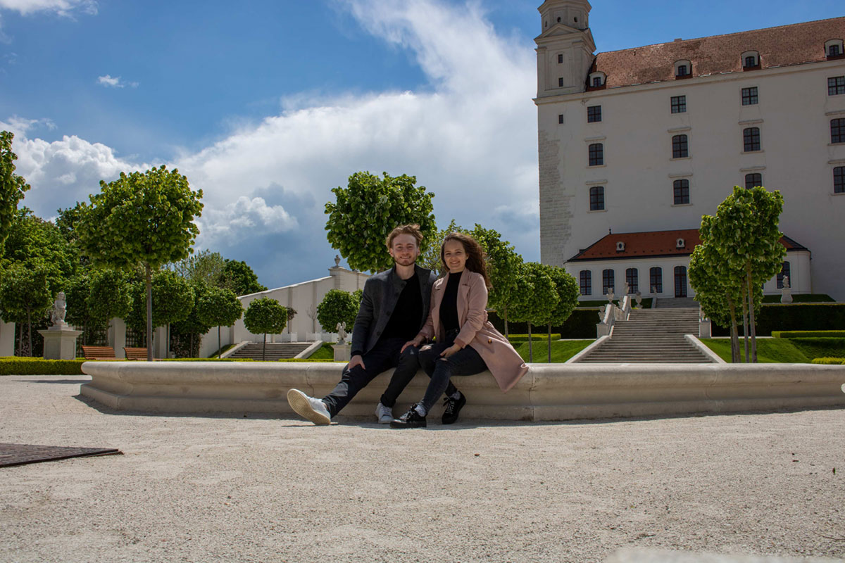 Byron Moore and Zuzka in the courtyard of Bratislava Castle in Slovakia