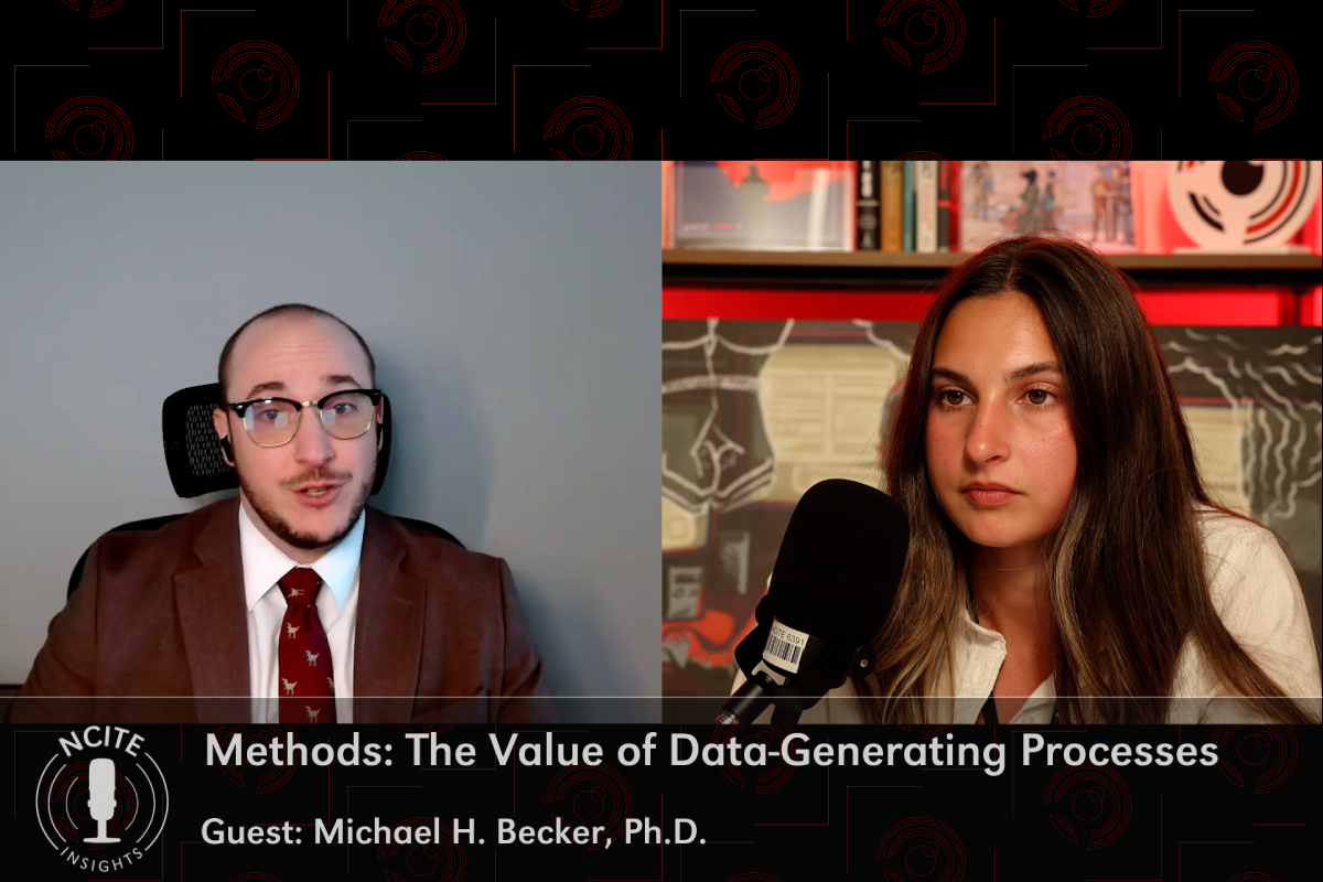 On a Zoom gallery screen, NCITE research associate Michael Becker, on the left, speaks with NCITE criminology doctoral student Callie Vitro, on the right. A title card of the episode appears at the bottom, with a top and bottom screen background of a repeating NCITE logo.