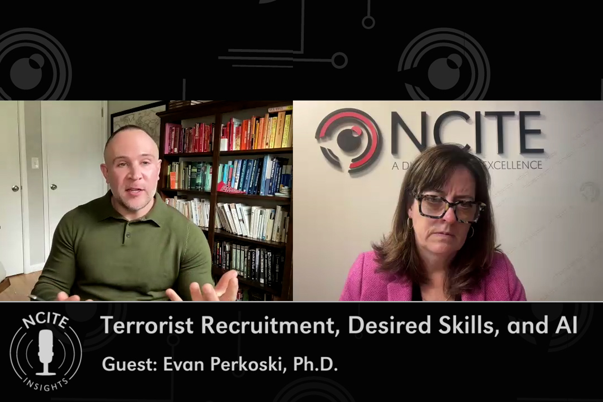 Guest Evan Perkoski, Ph.D. (left) speaks with host Erin Grace (right) via Zoom, with an NCITE logo background and a title slide beneath them.