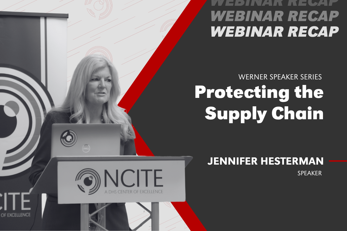  A photo of Jenni Hesterman next to text saying Werner Speaker Series: Protecting the Supply Chain" and "Jannifer Hesterman, Speaker"