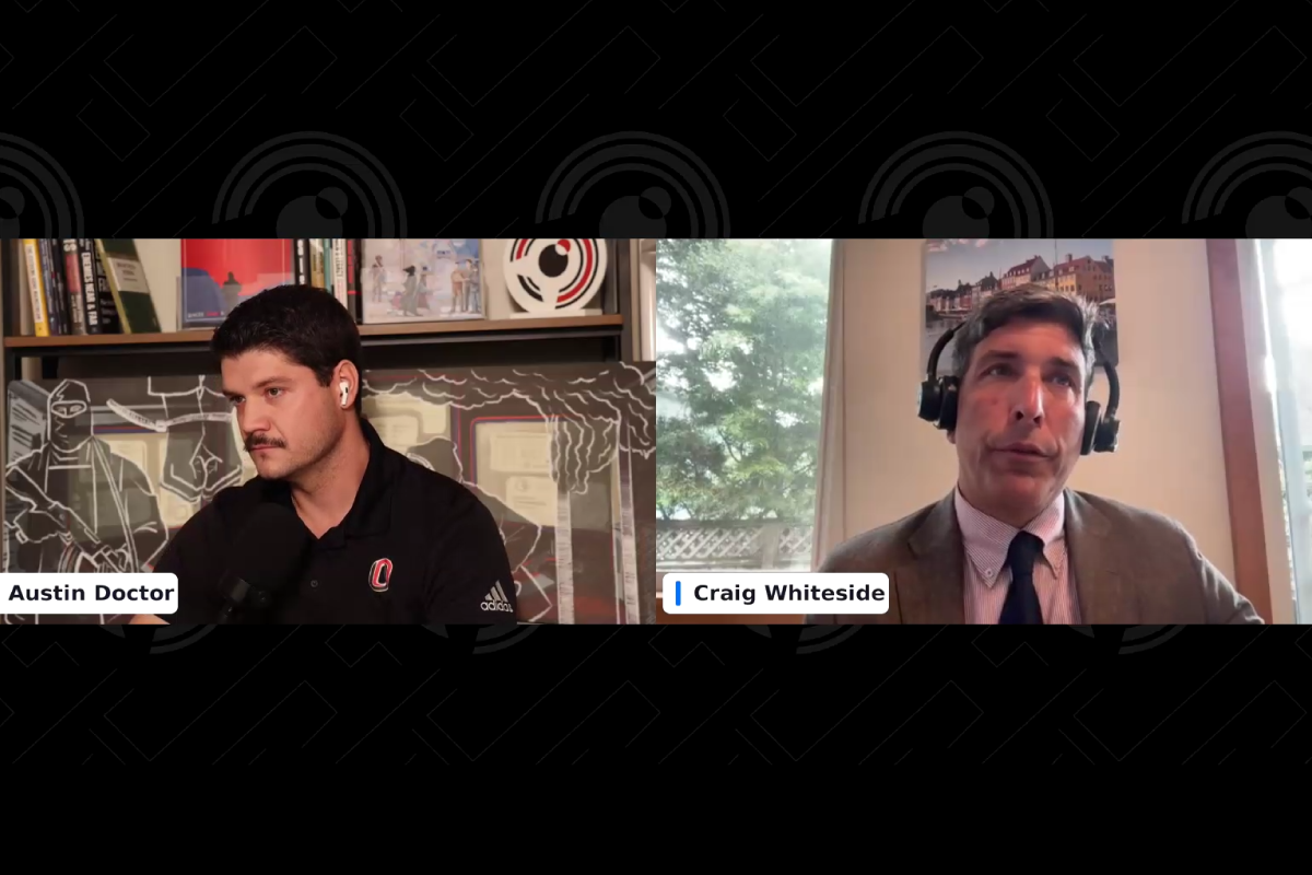 Guest Crag Whiteside, Ph.D. (right), speaks with Austin Doctor, Ph.D. (left), via a Zoom webinar. Whiteside's background includes a window, while behind Doctor is a bookshelf and NCITE artwork.