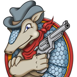 A cartoon armadillo wearing a gray cowboy hat and red bandana holds a revolver, framed inside a circular emblem with a patterned blue background, illustrated in a bold, playful style.
