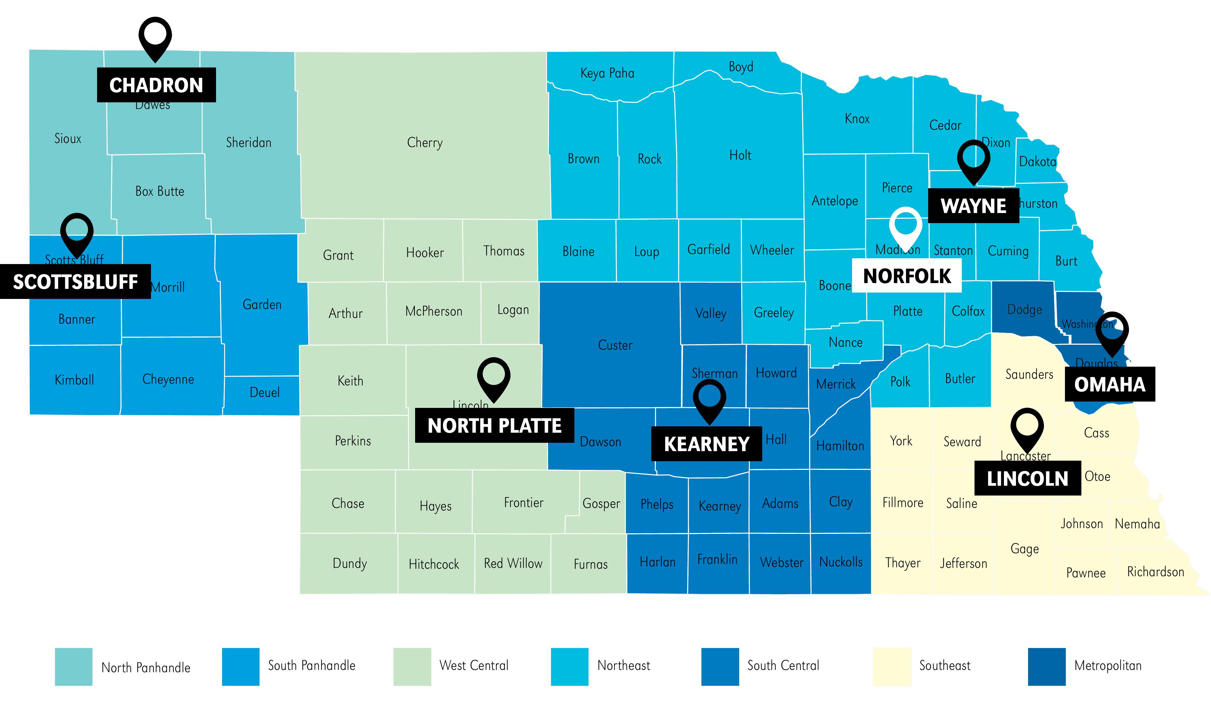 Map of the state of Nebraska showing the territory lines for the SBDC program.
