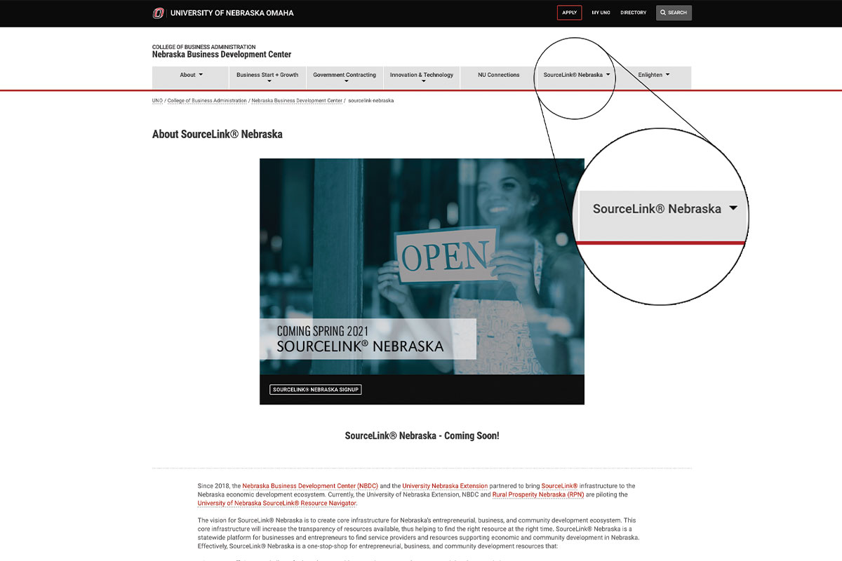 NBDC Website SourceLink® Nebraska About Page; magnification on SourceLink Nebraska tab.