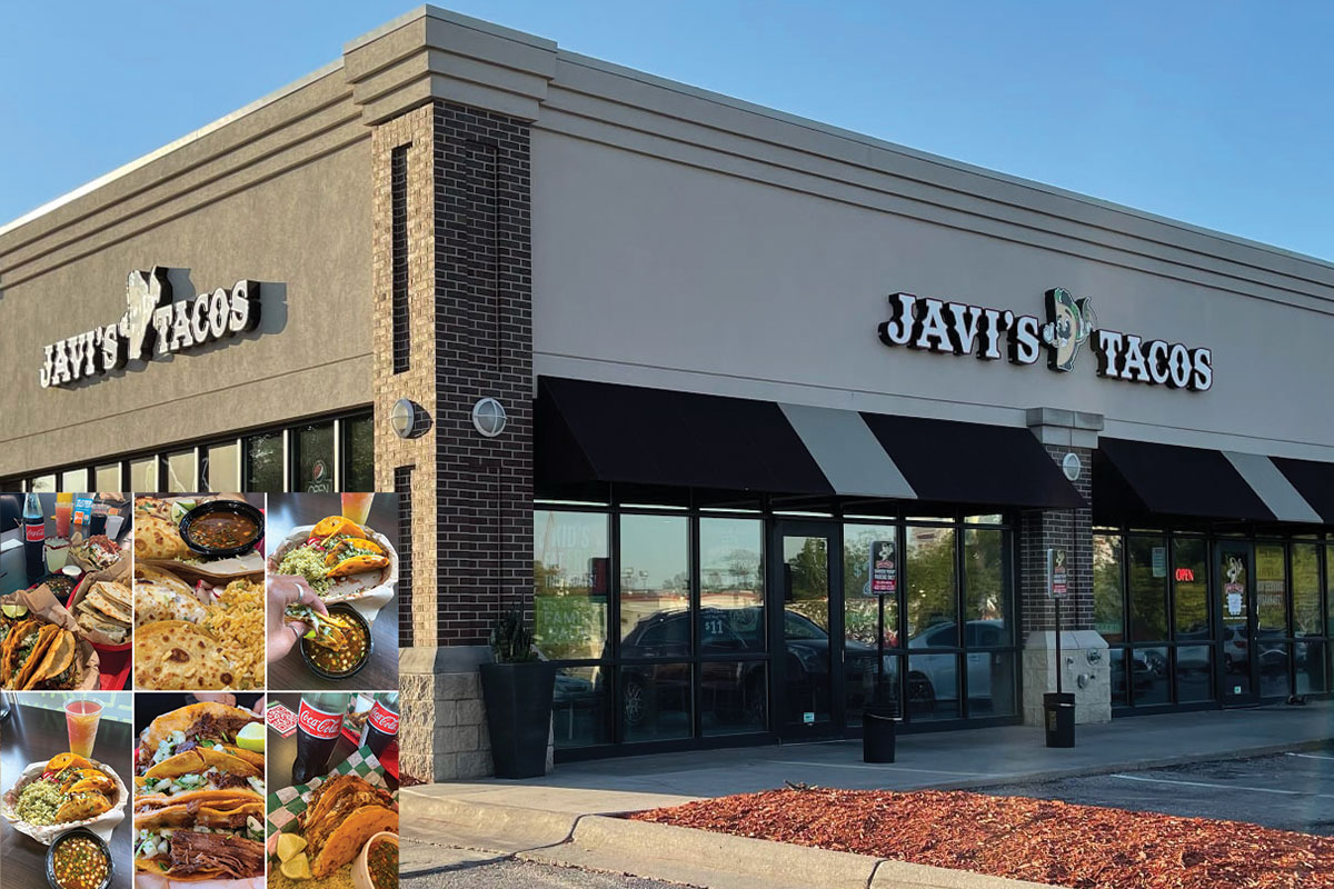 Exterior shot of Javi's Tacos restaurant; collage of food offered at Javi's Tacos