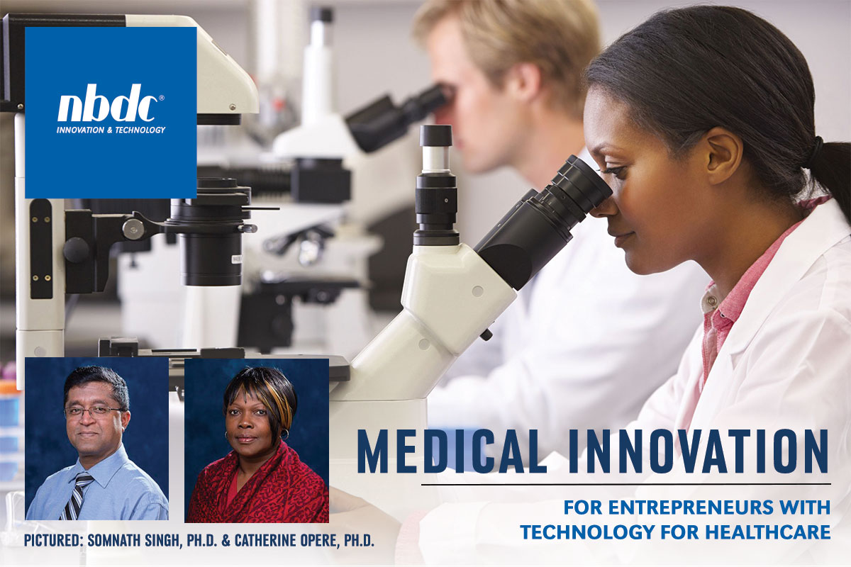 Lab: african american woman and white male looking through microscopes. Embedded images of Singh, Ph.D. and Opere, Ph.D.
