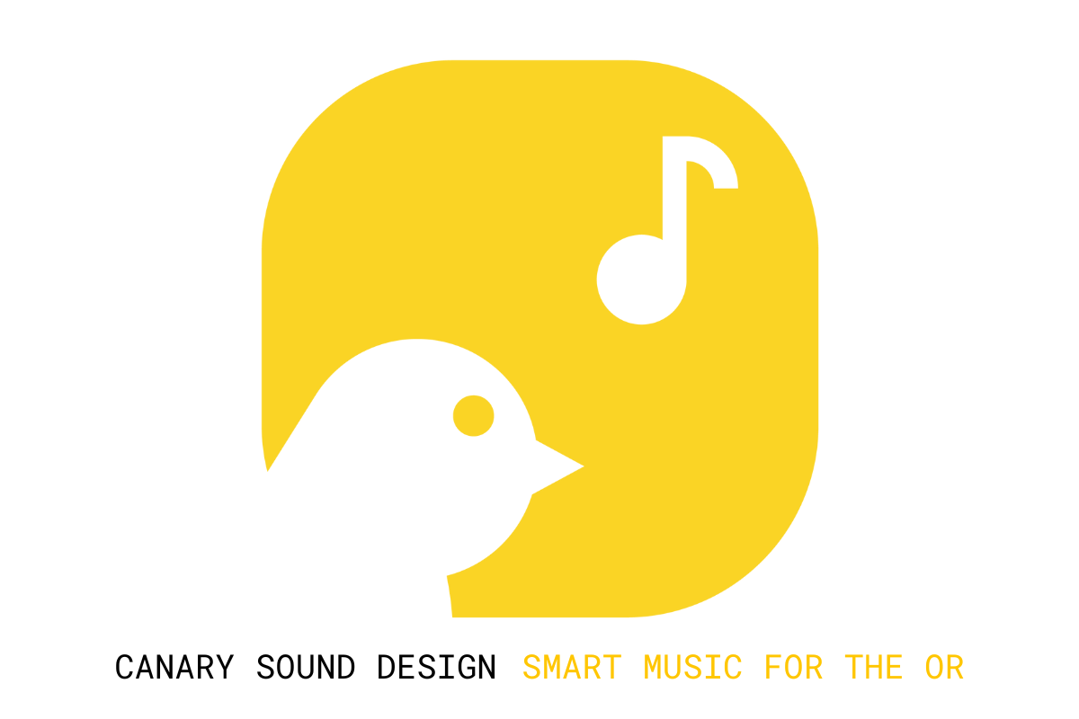 Canary Sound Design Logo of a bird and their Tagline, Smart Music for the OR
