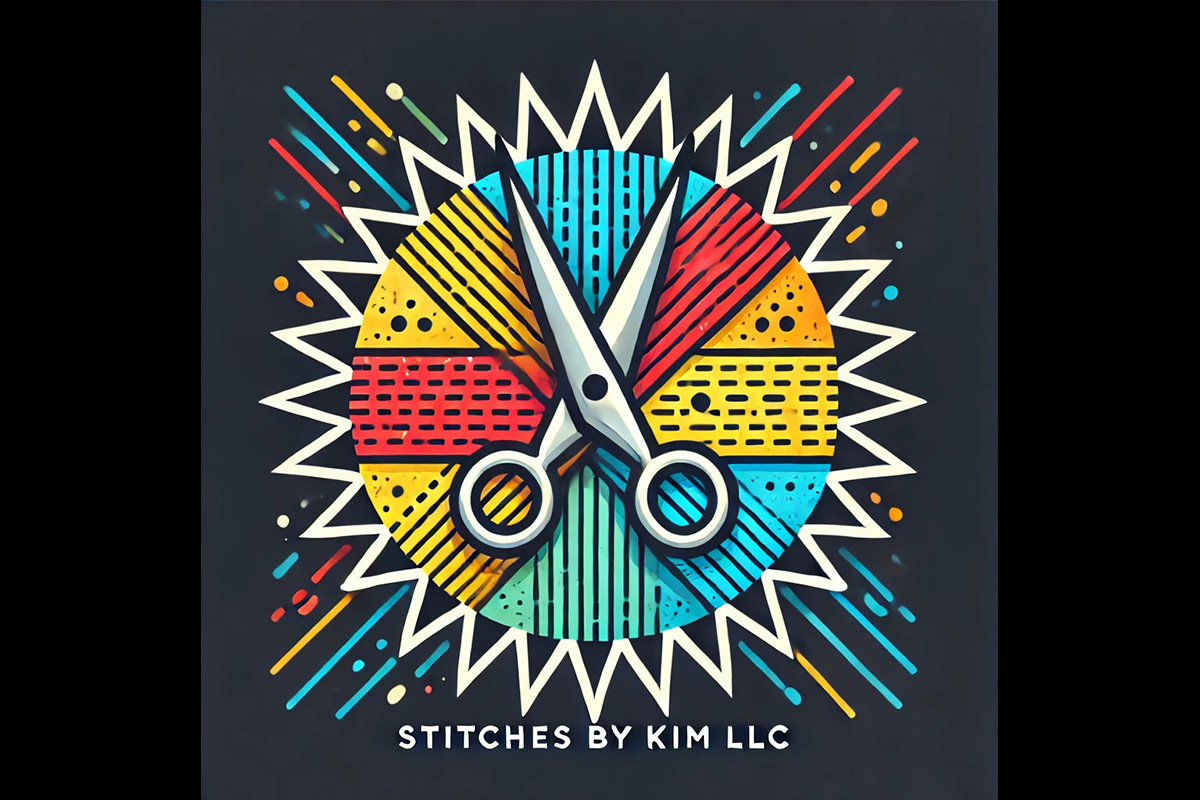 ogo for “Stitches by Kim LLC” featuring silver scissors in the center of a colorful, patterned circle divided into yellow, red, turquoise, and blue sections with stitch-like designs, surrounded by white rays.