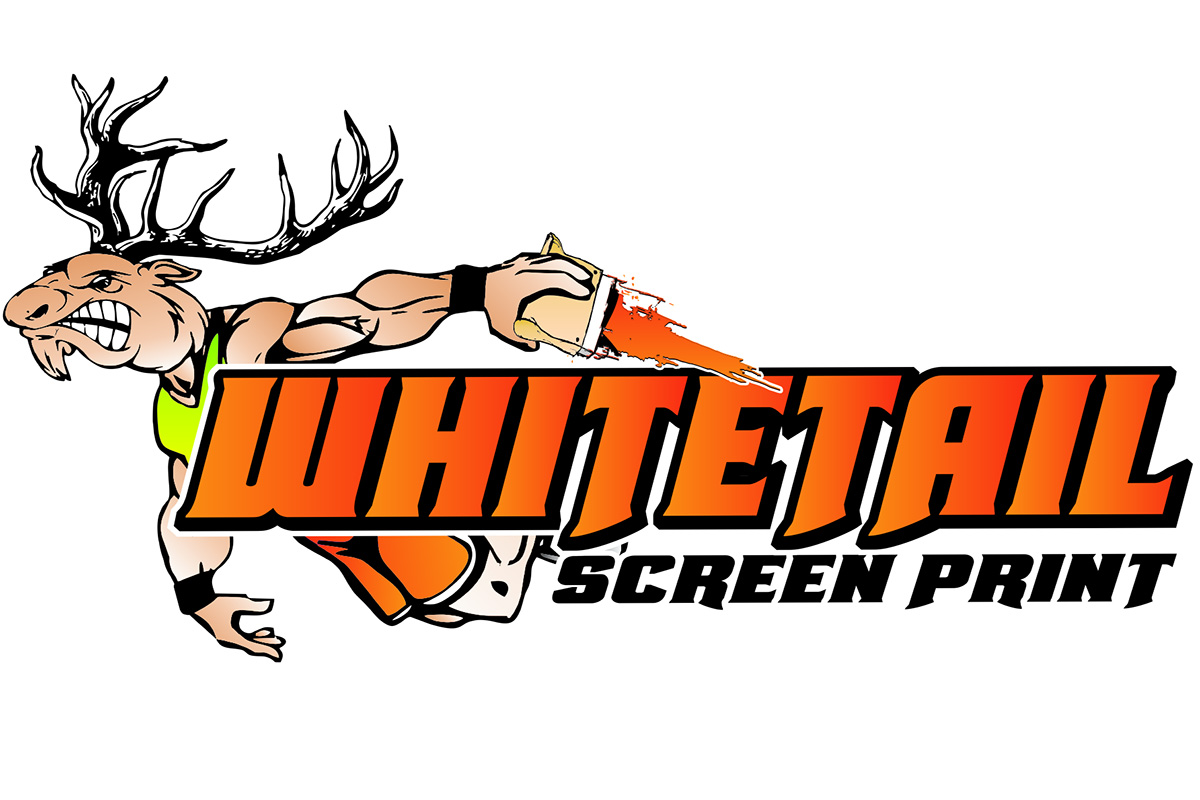 Logo for Whitetail Screen Print featuring a muscular cartoon deer with antlers holding a paint roller, alongside bold orange text reading ‘Whitetail Screen Print.