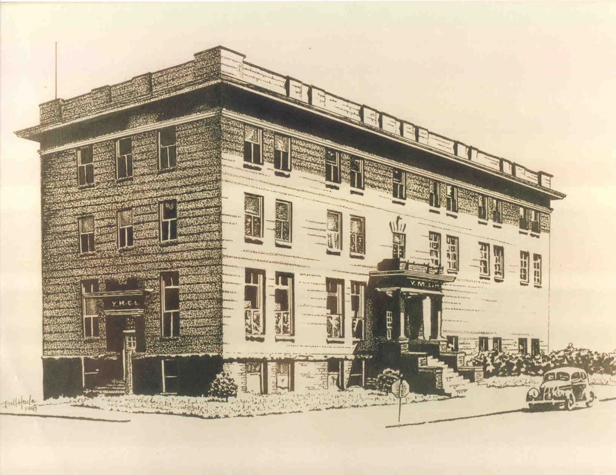 Historic illustration of the Norfolk YMCA building, a large three-story brick structure, with a vintage car parked outside.