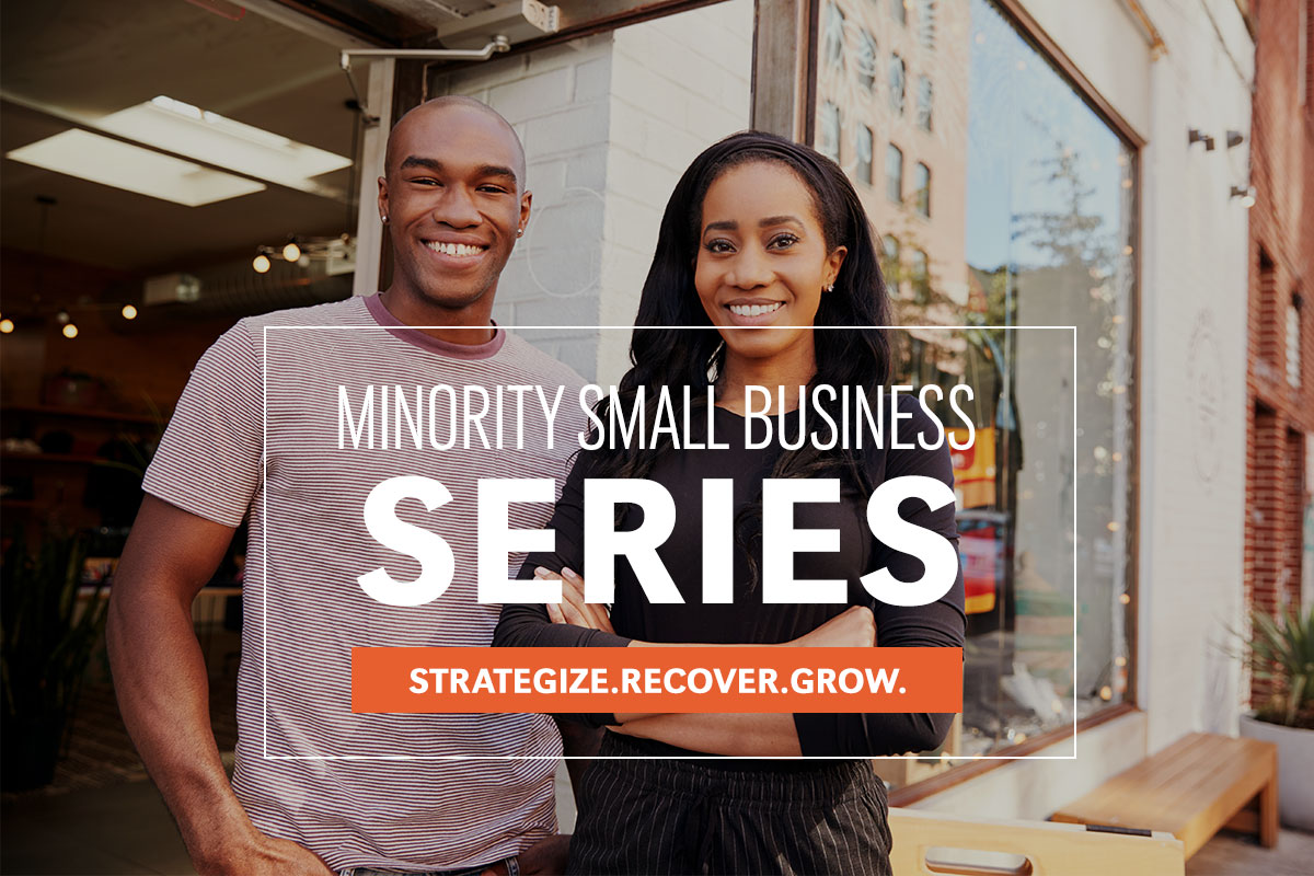 African American male and female in front of shop. Minority Owned Business Series text.