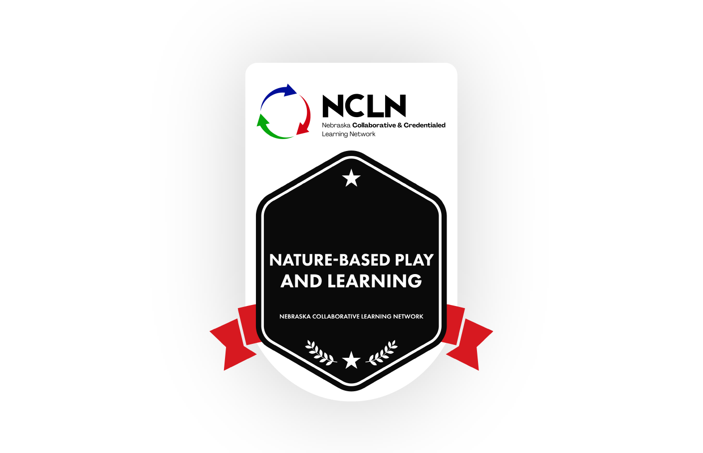 NCLN badge graphic reading “ Nature-Based Play and Learning” with Nebraska Collaborative & Credentialed Learning Network logo and red ribbon accents.