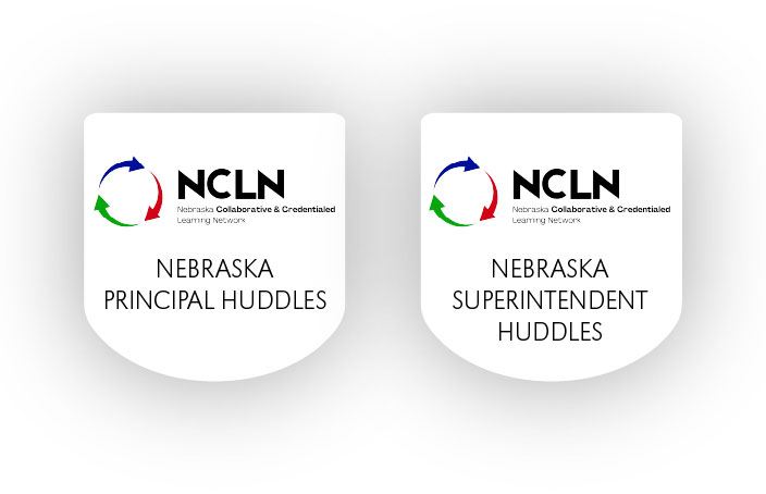 Digital badge graphic for “CaTwo badge-style graphics representing NCLN (Nebraska Collaborative & Credentialed Learning Network) huddle groups. Both badges feature a white background with the NCLN logo — a circular arrow design in red, green, and blue — at the top. The left badge is labeled “Nebraska Principal Huddles,” and the right badge is labeled “Nebraska Superintendent Huddles.”ourageous Leadership” from the Nebraska Collaborative Learning Network (NCLN), featuring a black shield with red ribbon accents.