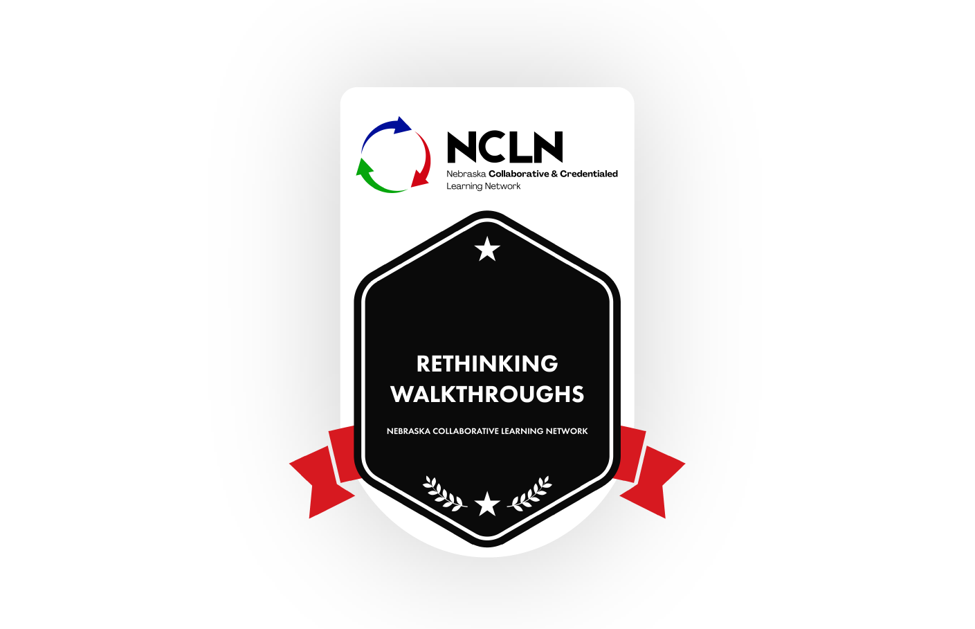 NCLN badge graphic reading “Rethinking Walkthroughs” with Nebraska Collaborative & Credentialed Learning Network logo and red ribbon accents.
