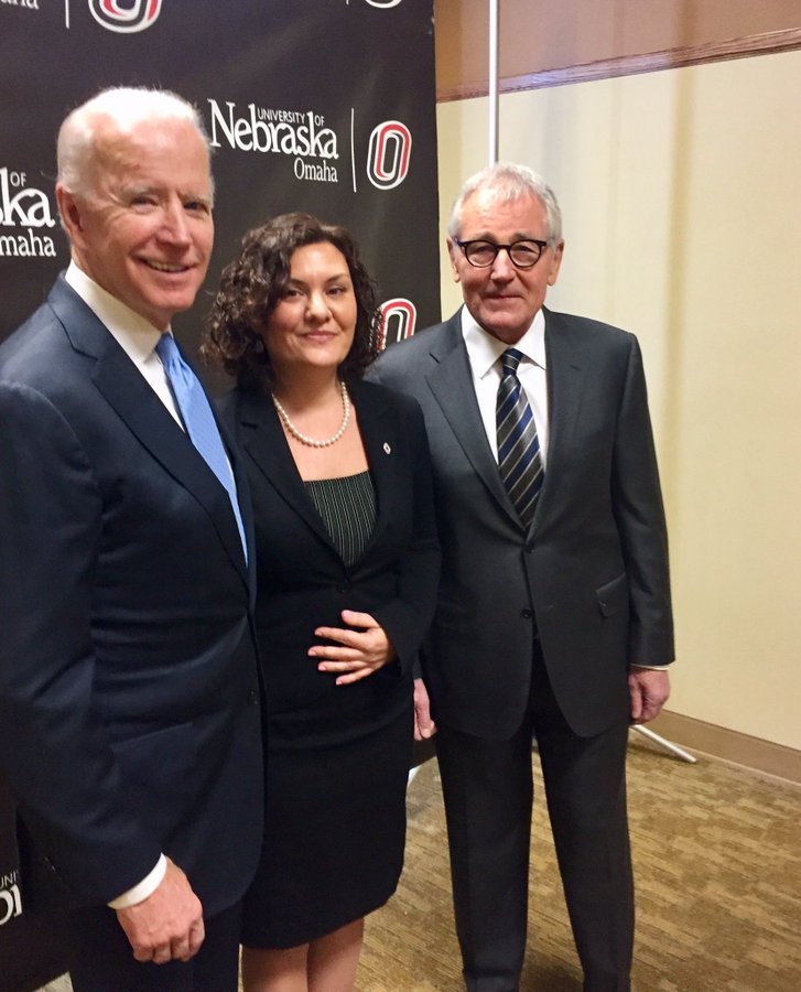 Depicts Dr Obradovic and President Biden and former SECDEF Chuck Hagel
