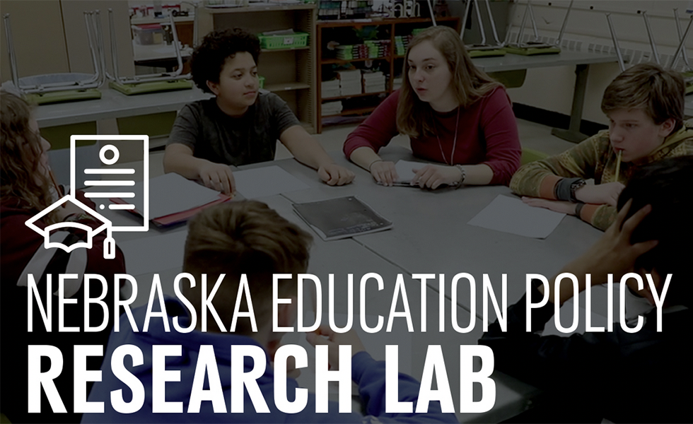 A group of students collaborating at a table with the graphic for the Nebraska Education Policy Research Lab.