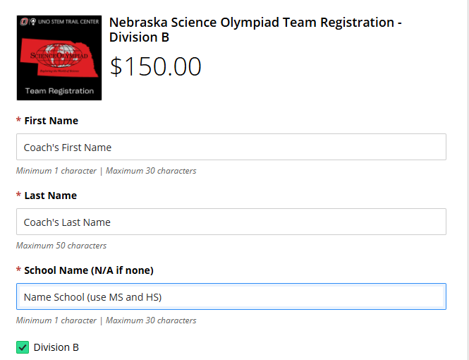 screenshot of registration form