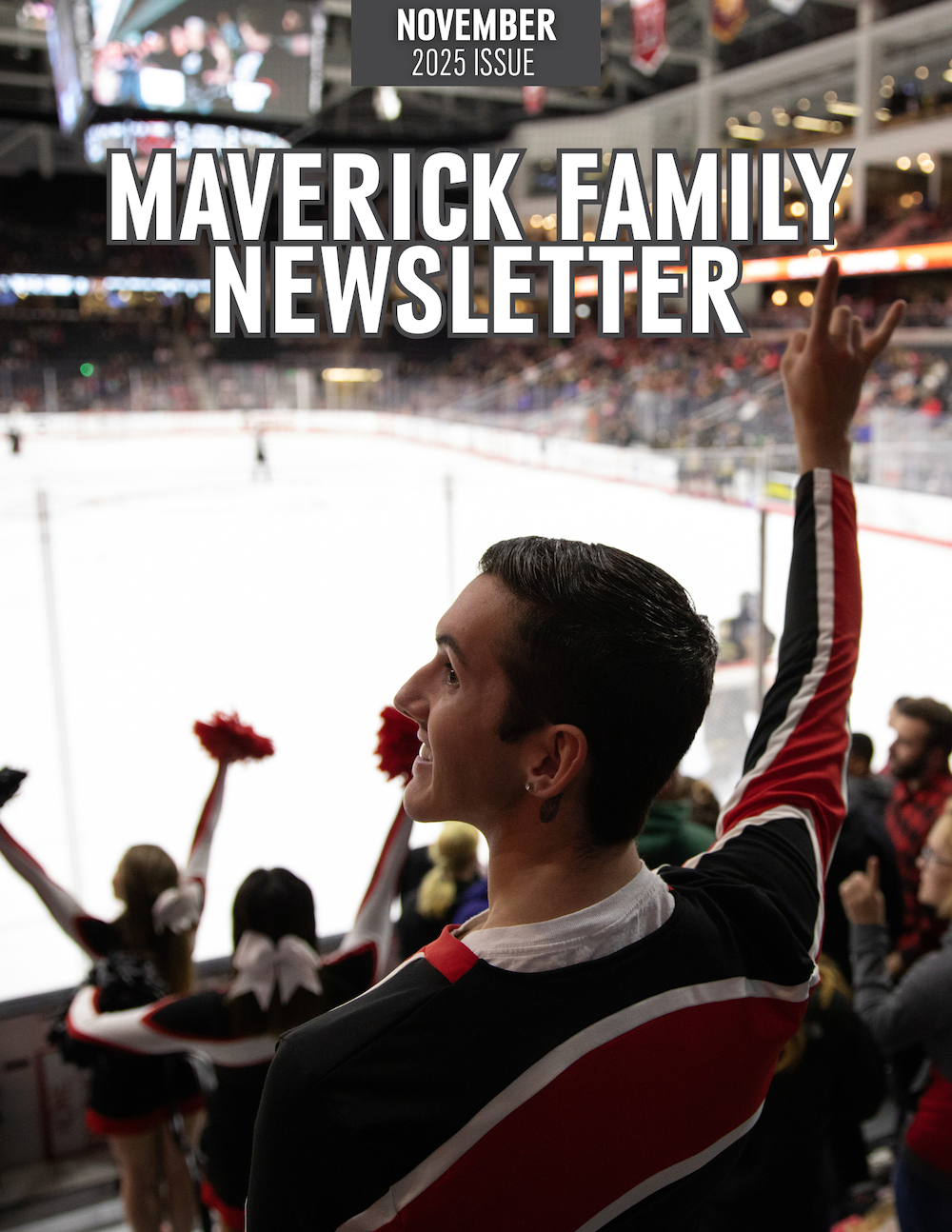 UNO student cheering during a sporting event on cover of Maverick Family Newsletter