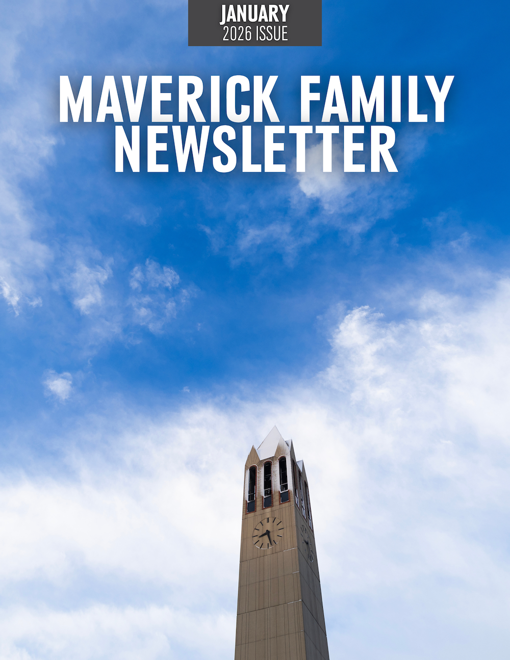 UNO's bell tower against a blue sky.