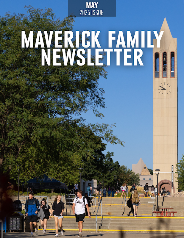 Students walking on campus in an image of the cover of the Maverick Family Newsletter