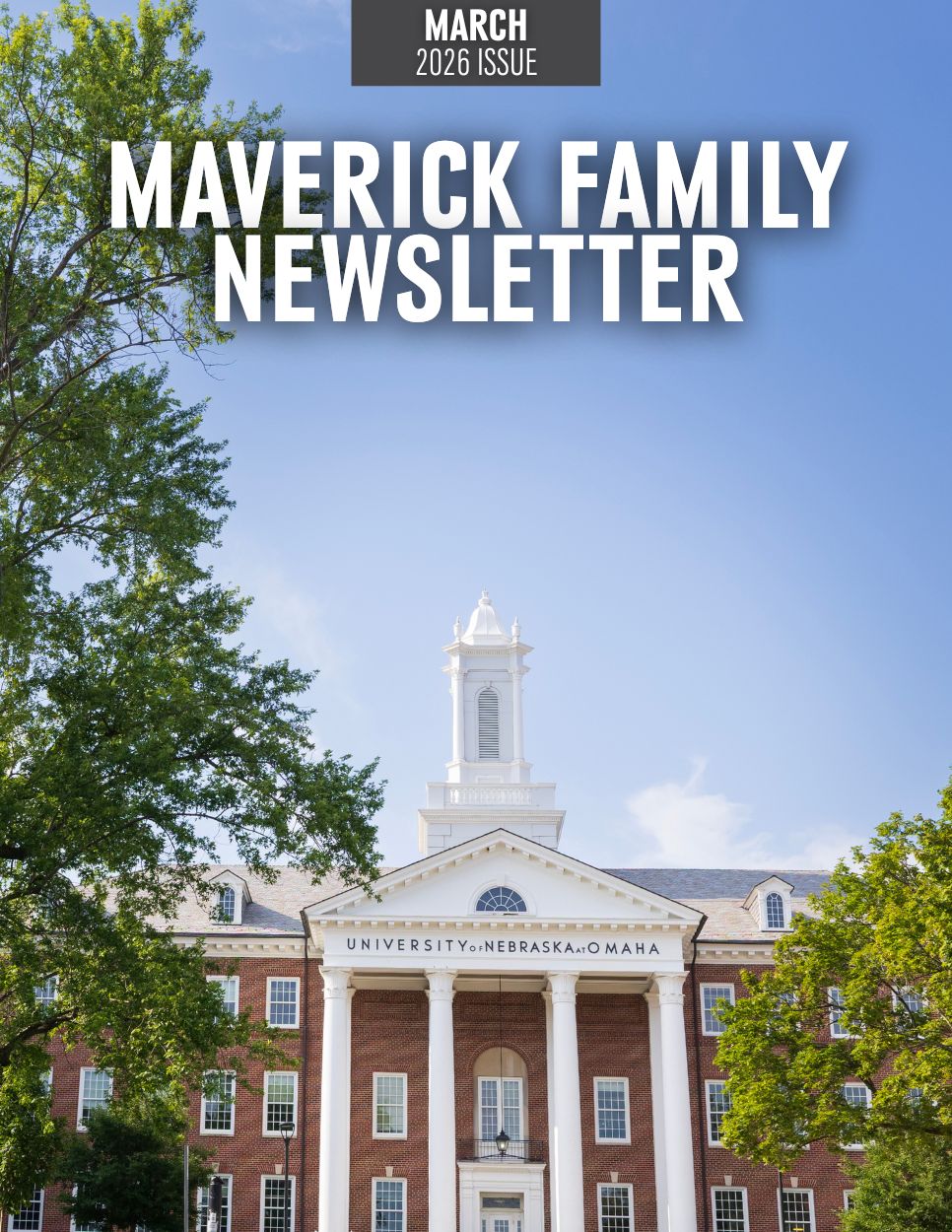 UNO's Arts and Science hall on the cover of the newsletter.