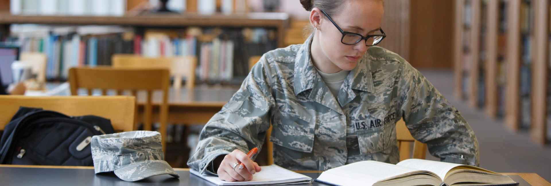 military student in library