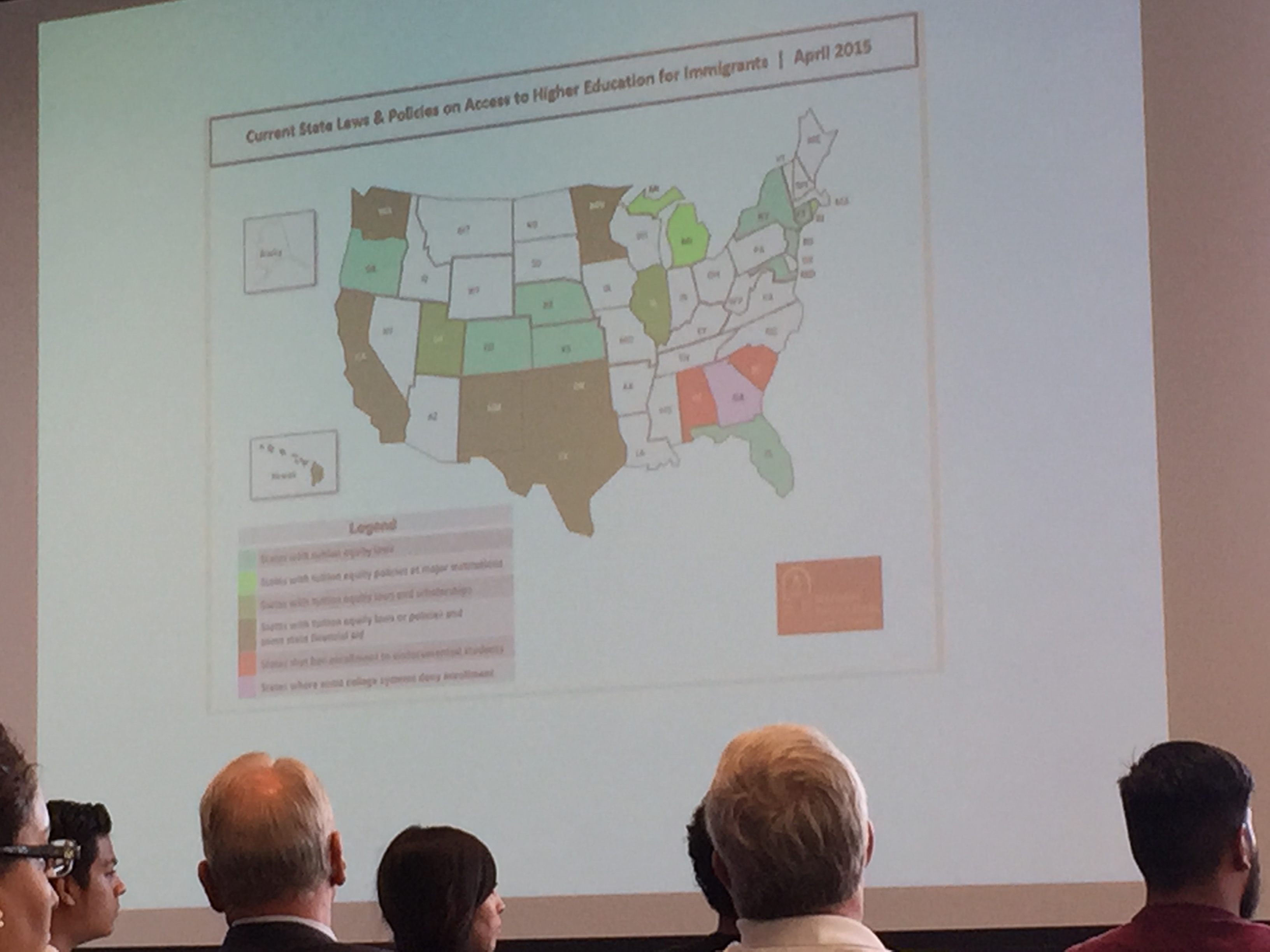 This map depicts states with laws allowing undocumented students to attend public universities and those with laws banning students from attending. 