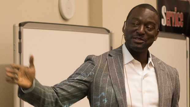 Yusef Salaam shares his story in the College of Public Affairs and Community Service (CPACS) building.