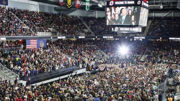 President Obama on stage at UNO's Baxter Arena