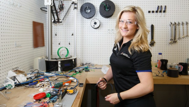 UNO student Alli Kalina works in the Biomechanics Research Building's machine shop