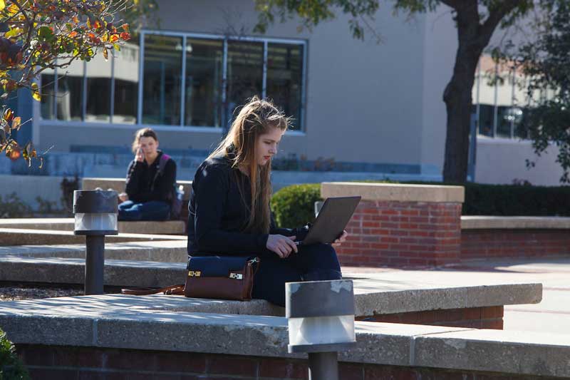 person using a computer on campus