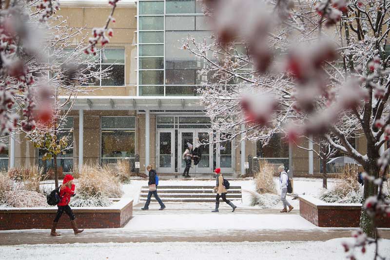 Students walking in snow on campus