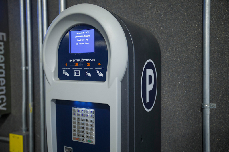 An hourly parking kiosk at UNO