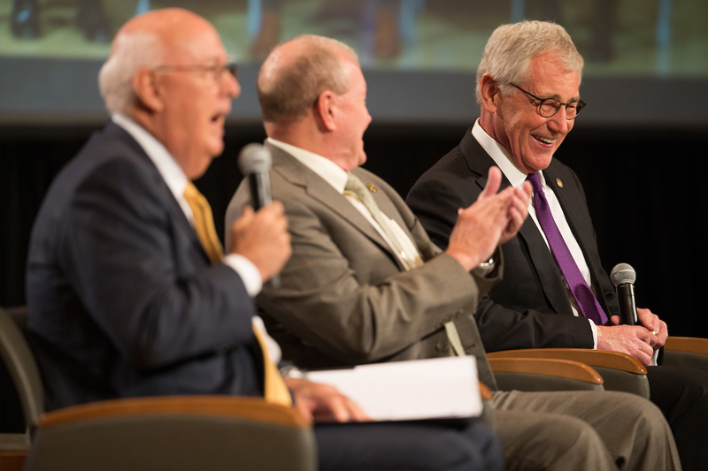 Peter Kiewit Sons’, Inc. Chairman Emeritus Ken Stinson, General (Ret.) Martin Dempsey, and former Sec. of Defense Chuck Hagel share the stage for a panel discussion at UNO's Vietnam War: Lessons and Legacies Symposium.