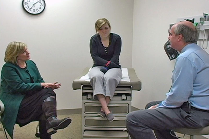 UNO Professor Cindy Melby Phaneuf (left) and alumna Olivia Sather (center) talk with a UNMC physician for an e-module case study