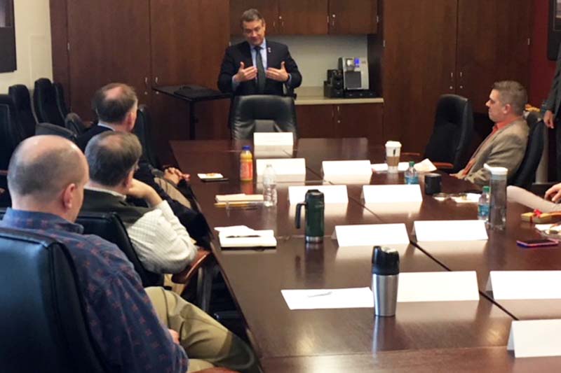 Congress Don Bacon speaks with members of the 2018 USSTRATCOM Strategic Leadership Fellows Program