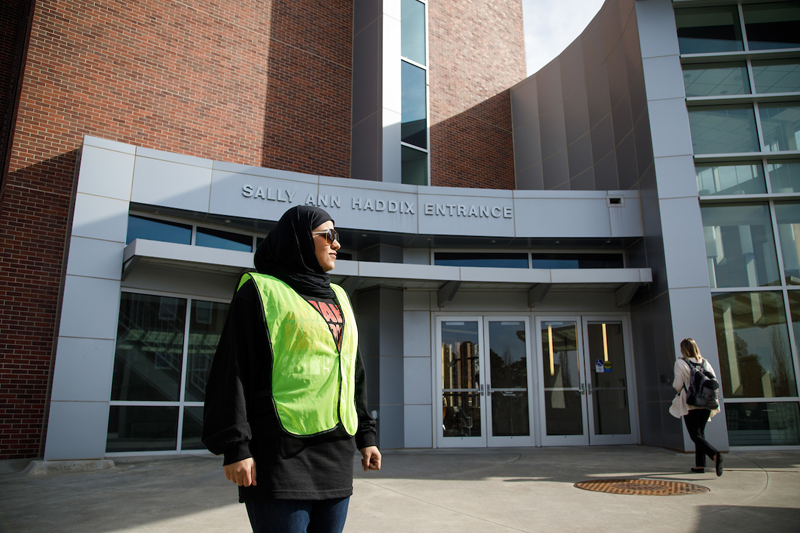 Hameidah Alsafwani stands by to answer questions and monitor activity during a campus severe weather drill.