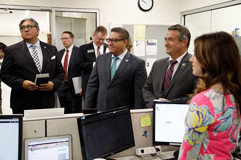 Congressmen Don Bacon and Salud Carbajal get a tour of UNO's Office of Military and Veteran Services.