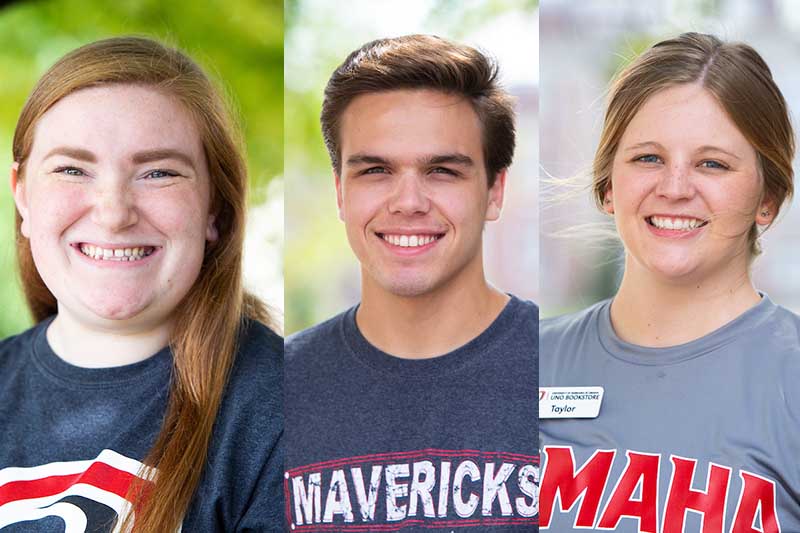 Combined profile photo of UNO students Abby Kane, John Kramer and Taylor Schulz