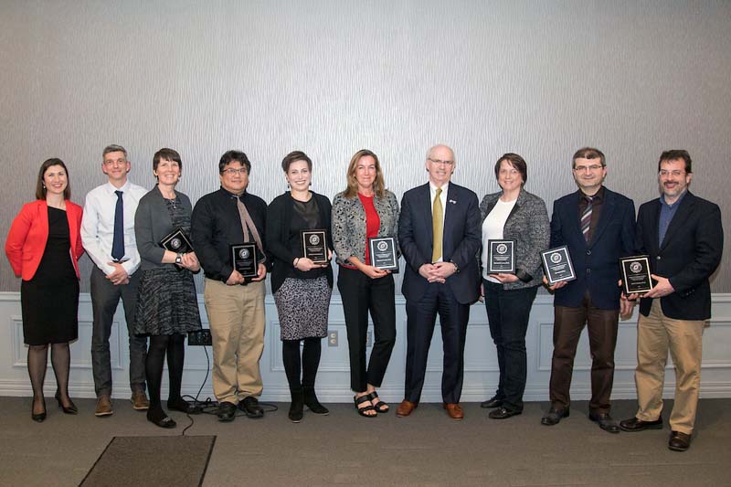 A group photo of the 2018 winners of the Alumni Outstanding Teaching Award