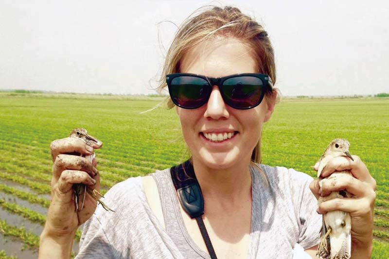 Lindsay Ann Brown holds a sandpiper during a research trip near the Nebraska Rainwater Basin