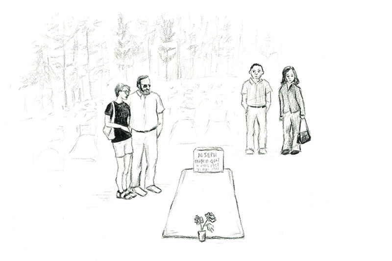 Drawing of a scene described by Arts and Sciences Dean David Boocker visiting a friend's grave.