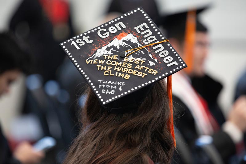 A decorated commencement cap from UNO's May 2019 graduation ceremonies: "1st Gen Engineer: The best view comes after the hardest climb"