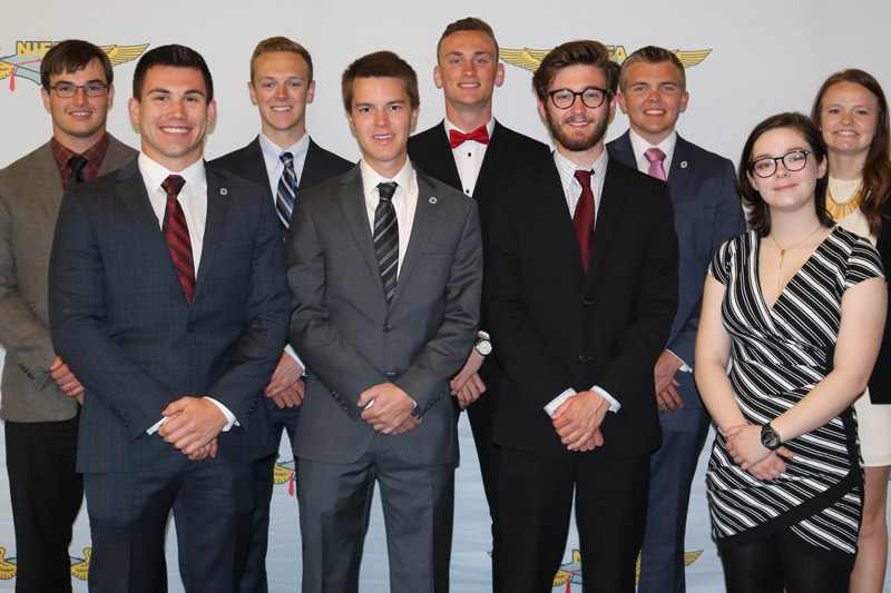 UNO's 2019 NIFA SAFECON Flying Mavericks team. Pictured are Joel Heaps, Nick Scholz, Travis Nelson, Ian Kinslow, Jake Wohlers, Soren Johnson, Tate Beller, Cassie Batton, Sidney Due. Not pictured: Brendan Simmons, Nick Newstrom, Brittany LaPour.