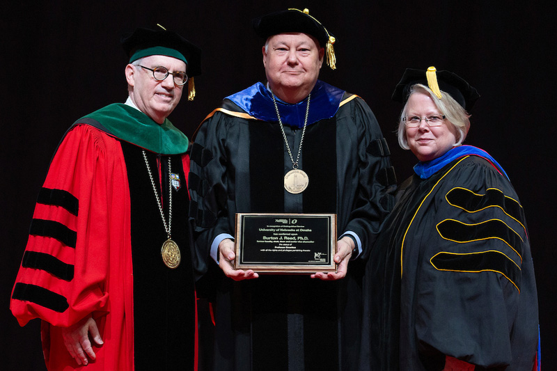 From left, Chancellor Jeffrey P. Gold, M.D., and B.J. Reed, Ph.D., senior vice chancellor of academic affairs, with Susan Fritz, Ph.D., newly appointed interim president-elect of the University of Nebraska, at UNO's May graduation.